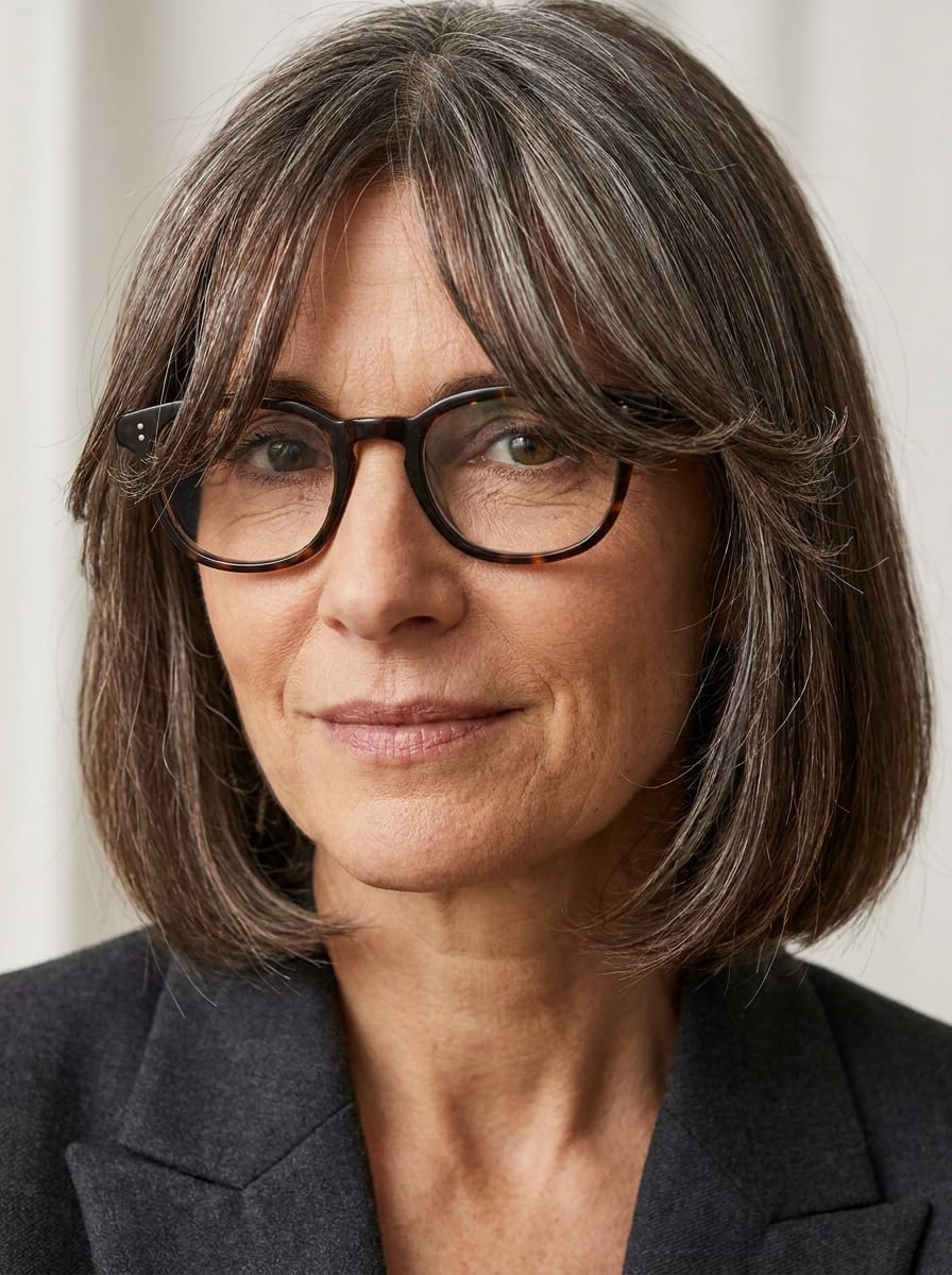 Bob mit Curtain Bangs und Brille - Frisur ab 50 mit Brille